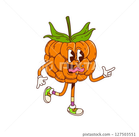 Cartoon groovy cloudberry fruit berry character with funny silly face, vector freaky emoji. Groovy cloudberry berry with tongue out teasing expression, trippy smile for retro cartoon fruit character Cartoon groovy cloudberry fruit berry character with funny silly face, vector freaky emoji. Groovy cloudberry berry with tongue out teasing expression, trippy smile for retro cartoon fruit character 127503551