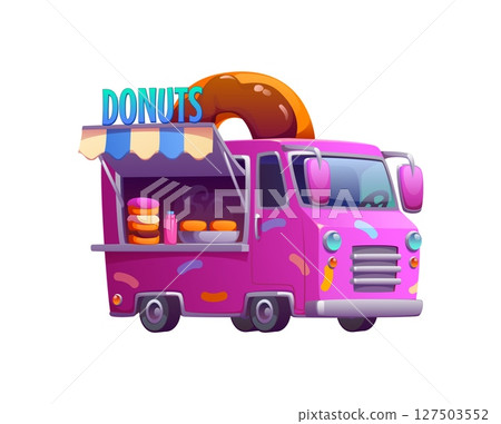 Food truck with donuts or cartoon vintage foodtruck of street food festival, vector car. Fast food truck kiosk or street food booth with donut dessert or sweet snacks for street market vendor van 127503552