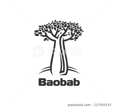 Baobab tree icon in thin line silhouette for African culture or exotic plants, vector symbol. Baobab tree emblem with trunk and leaves for eco nature, Africa safari travel and savannah garden design Baobab tree icon in thin line silhouette for African culture or exotic plants, vector symbol. Baobab tree emblem with trunk and leaves for eco nature, Africa safari travel and savannah garden design 127503555
