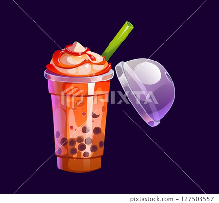 Milk bubble tea, cartoon boba drink glass cup with cream and caramel, vector milkshake. Milk bubble tea or dessert beverage of boba pearls with sweet caramel topping and drinking straw 127503557