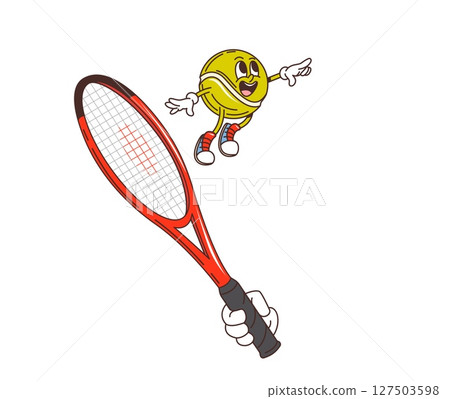 Tennis ball and racket sport groovy happy character. Sport competition hippie vintage isolated vector personage, racket game retro mascot. Tennis club tournament or championship cute groovy character 127503598