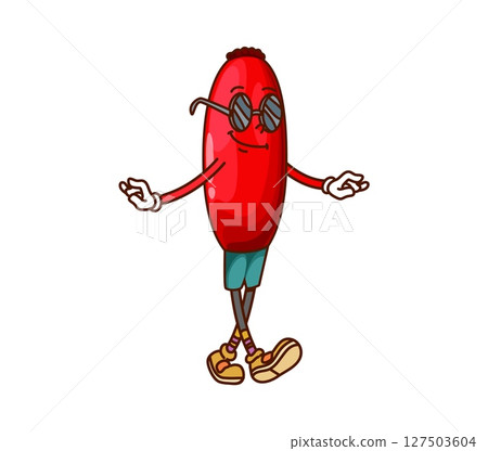 Cartoon groovy barberry berry character. Isolated vector red funky and hippie fruit with smiling face and trendy sunglasses. Retro y2k food personage wearing vintage sneakers, exuding funky vibes Cartoon groovy barberry berry character. Isolated vector red funky and hippie fruit with smiling face and trendy sunglasses. Retro y2k food personage wearing vintage sneakers, exuding funky vibes 127503604