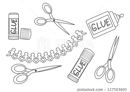 Coloring page with outline drawing of school supplies set with glue sticks, scissors and paper people cutouts. For entertaining kids activity, back to school black and white design, and DIY craft. 127503605