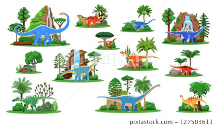 Prehistoric cartoon dinosaurs, Jurassic lizards and reptiles in jungle forest, vector set. Kids dino animals collection of giant lizards for paleontology encyclopedia or dinosaurs atlas book Prehistoric cartoon dinosaurs, Jurassic lizards and reptiles in jungle forest, vector set. Kids dino animals collection of giant lizards for paleontology encyclopedia or dinosaurs atlas book 127503611