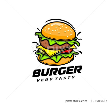 Fast food cheeseburger burger icon. Vector trendy restaurant emblem of fastfood meal featuring appetizing burger stacked with layers of lettuce, tomato, cheese and beef patty, and sesame seed bun Fast food cheeseburger burger icon. Vector trendy restaurant emblem of fastfood meal featuring appetizing burger stacked with layers of lettuce, tomato, cheese and beef patty, and sesame seed bun 127503614