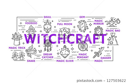 Mystery esoteric witchcraft and magic icons or symbols. Magician hat, magic elixir or potion, dream catcher, snake and human skull outline icons. Witchcraft voodoo doll, gem and moon lineart symbols Mystery esoteric witchcraft and magic icons or symbols. Magician hat, magic elixir or potion, dream catcher, snake and human skull outline icons. Witchcraft voodoo doll, gem and moon lineart symbols 127503622