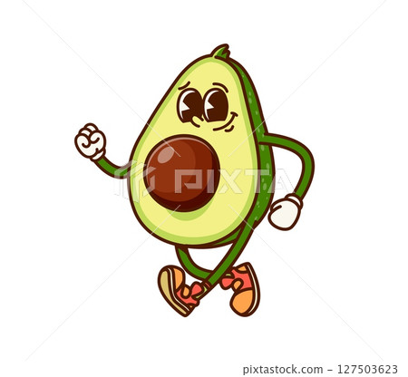 Avocado fruit half groovy cheerful character. Organic farm green product hippie cartoon vector character, fresh plant happy funky vintage personage. Walking and happy smiling avocado cheerful mascot 127503623