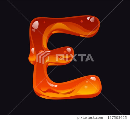Liquid honey cartoon font letter E. Sweet candy typeset sign, liquid honey cartoon vector English alphabet font element. Yellow caramel ABC symbol or tasty amber flow type letter 127503625