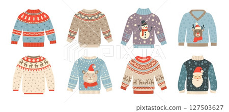 Christmas ugly party sweater with reindeer, snowflakes, Santa and snowmen pattern showcasing seasonal joy. Vector festive Xmas set of clothes for holiday gatherings, themed parties, merry celebrations Christmas ugly party sweater with reindeer, snowflakes, Santa and snowmen pattern showcasing seasonal joy. Vector festive Xmas set of clothes for holiday gatherings, themed parties, merry celebrations 127503627