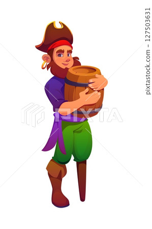 Cartoon pirate corsair character carrying wooden barrel and smiling slyly. Vector buccaneer personage in captain hat with red bandana and one wooden leg, with confident pose and mischievous expression Cartoon pirate corsair character carrying wooden barrel and smiling slyly. Vector buccaneer personage in captain hat with red bandana and one wooden leg, with confident pose and mischievous expression 127503631