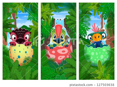 Funny dino kids in egg shells, cartoon dinosaurs or prehistoric lizards, vector banners. Kids dino park or prehistoric reptiles atlas banners with cute baby dino hatched in eggshell in Jurassic forest 127503638