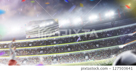 Sports background. Outdoor stadium with fans, floodlights and confetti. Professional sports background for advertisement. Festive background concept Sports background. Outdoor stadium with fans, floodlights and confetti. Professional sports background for advertisement. Festive background concept 127503641