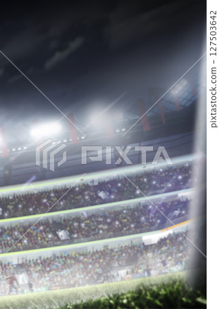 Sports background. Arena full of cheering fans. Outdoor stadium. Professional sports background for advertisement. Festive background concept. Vertical 127503642