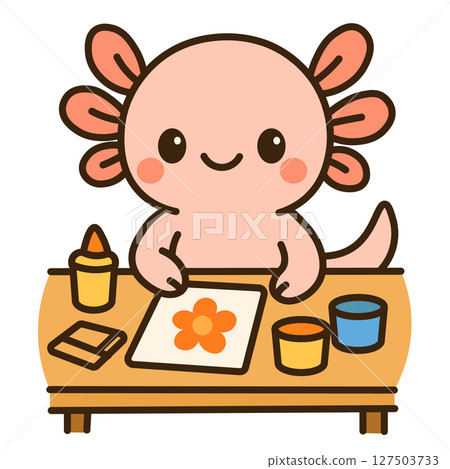 Creative axolotl drawing flower at art table Creative axolotl drawing flower at art table 127503733