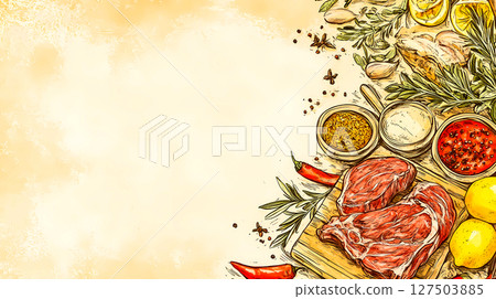 A fresh red steak lies on the kitchen table top view. Raw meat with herbs and spices cooking process. Banner with space for text. Restaurant cuisine.  This is AI-generated item 127503885