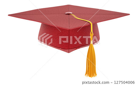 Maroon academic mortarboard with golden tassel. Graduation in arts, humanities and related disciplines. 3D rendering Maroon academic mortarboard with golden tassel. Graduation in arts, humanities and related disciplines. 3D rendering 127504006