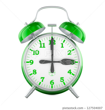 Meal time or intermittent fasting, concept. Alarm clock with fork and knife as clock hands. 3D rendering 127504007