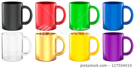 Set of colorful mugs. black, red, green, blue, clear, gold, yellow, purple. 3D rendering Set of colorful mugs. black, red, green, blue, clear, gold, yellow, purple. 3D rendering 127504010