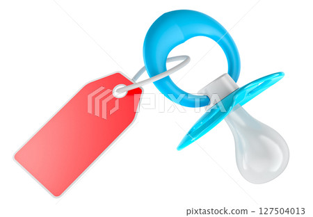 Baby pacifier with price tag. Newborn care cost, baby products and expenses, concept. 3D rendering Baby pacifier with price tag. Newborn care cost, baby products and expenses, concept. 3D rendering 127504013