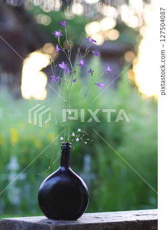 Beautiful bouquet of mixed summer flowers in a black vase. Floral decor outdoors on the wooden bench. Beautiful bouquet of mixed summer flowers in a black vase. Floral decor outdoors on the wooden bench. 127504087