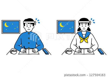 Set of male and female students studying all night Set of male and female students studying all night 127504163