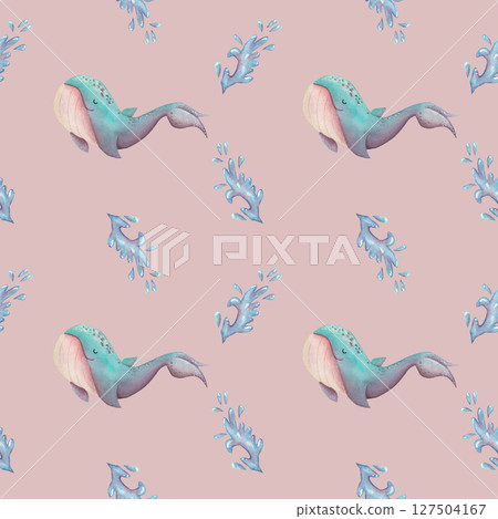 Children's watercolor pattern cute turquoise whale and water fountain on pink background. Children's watercolor pattern cute turquoise whale and water fountain on pink background. 127504167