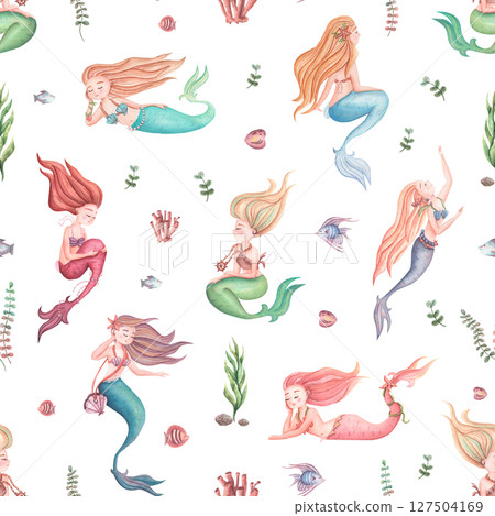 Delicate watercolor pattern on white background with mermaids, shells, fish and seaweed. Seamless watercolor pattern for kids on the theme of sea life. 127504169