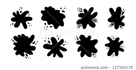 Doodle set of black vector ink splashes with oval drops. Isolated unique freehand liquid organic inky blots with spray spots for graphic design, social media stamps, shadows and templates Doodle set of black vector ink splashes with oval drops. Isolated unique freehand liquid organic inky blots with spray spots for graphic design, social media stamps, shadows and templates 127504178