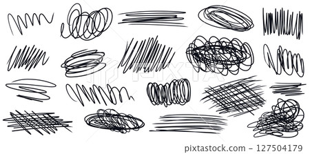 Doodle set of vector hand drawn black messy swirl lines, scribble strokes, squiggles, freehand curves for advertisement, mental struggling concept, chaotic way direction, strikethrough symbol 127504179