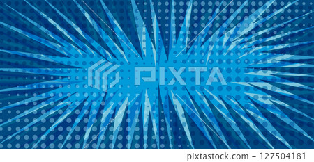 Vibrant overlay turquoise blue exploding retro comic background with dotted halftone shadow and dark light stripes. Ultramarine backdrop with dots texture for comics advertising design, poster 127504181