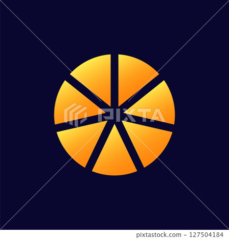 Orange circular symbol with radiating segments and dark blue contrast Orange circular symbol with radiating segments and dark blue contrast 127504184