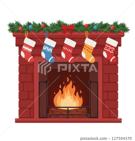 Cozy Christmas Fireplace with Hanging Stockings and Garland 127504370