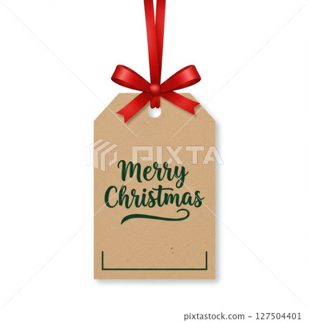 Christmas Gift Tag with Red Bow and Merry Christmas Text 127504401
