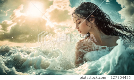 Beautiful dark-haired girl, young woman with white skin emerges from white waves in a stormy sea, ocean, Enigmatic nymph on the beach. Female beauty. This is AI-generated item 127504435