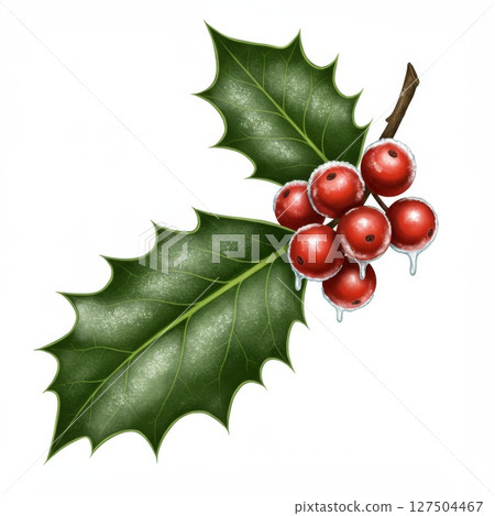 Frosted Holly Berries and Leaves Illustration 127504467