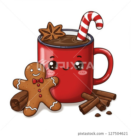 Cute Cartoon Mug of Hot Chocolate with Gingerbread Man and Candy Cane 127504621