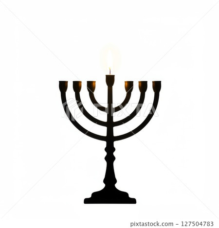 Black Metal Menorah with One Lit Candle on White Background 127504783