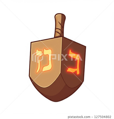 Brown Wooden Dreidel with Glowing Hebrew Letters Brown Wooden Dreidel with Glowing Hebrew Letters 127504802