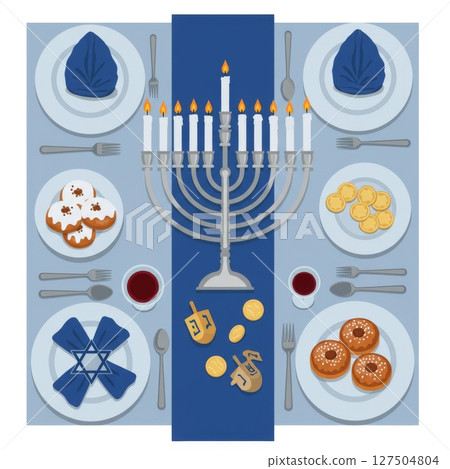 Hanukkah Table Setting with Menorah and Traditional Treats 127504804