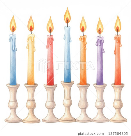 Colorful Watercolor Hanukkah Candles in Holders 127504805