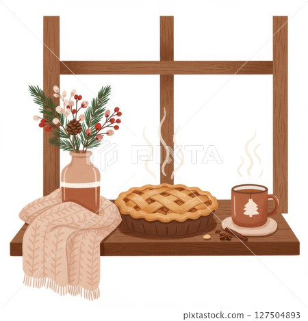 Cozy Winter Window Scene with Apple Pie and Coffee 127504893