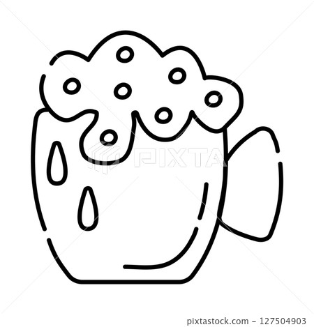 Cup of frothy beer black and white vector line illustration 127504903