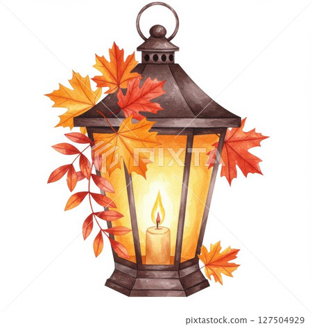 Autumn Lantern with Glowing Candle and Maple Leaves 127504929
