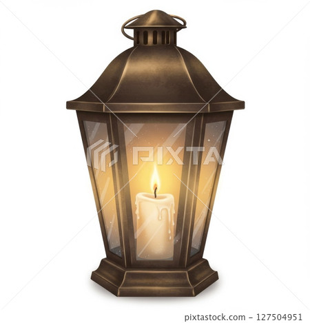 Bronze Metal Lantern with Lit Candle on White Background 127504951