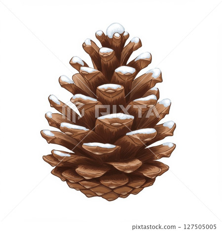 Brown Pinecone with Snow on White Background Brown Pinecone with Snow on White Background 127505005