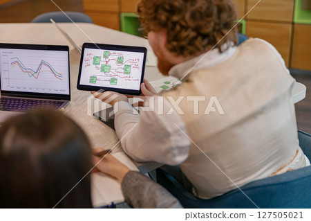 Participating in a purposeful business meeting focusing on data presentation and analysis 127505021