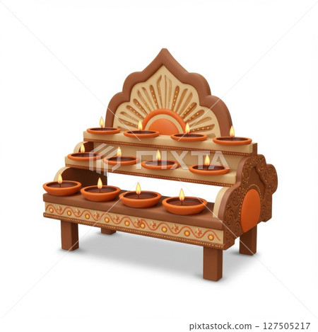 Ornate Wooden Diya Stand with Lit Candles 127505217