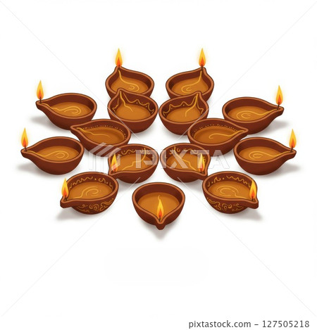 Brown Clay Oil Lamps Arranged in a Circular Pattern on White Background 127505218