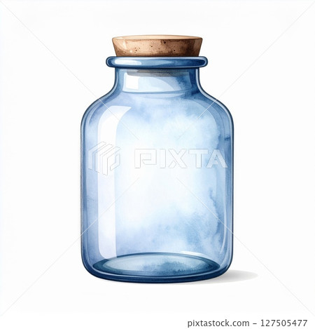 Empty Blue Glass Jar with Cork Top on White Background 127505477