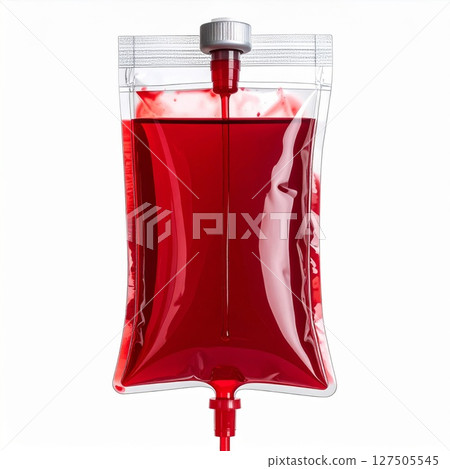 Red Blood Bag Hanging Against White Background 127505545